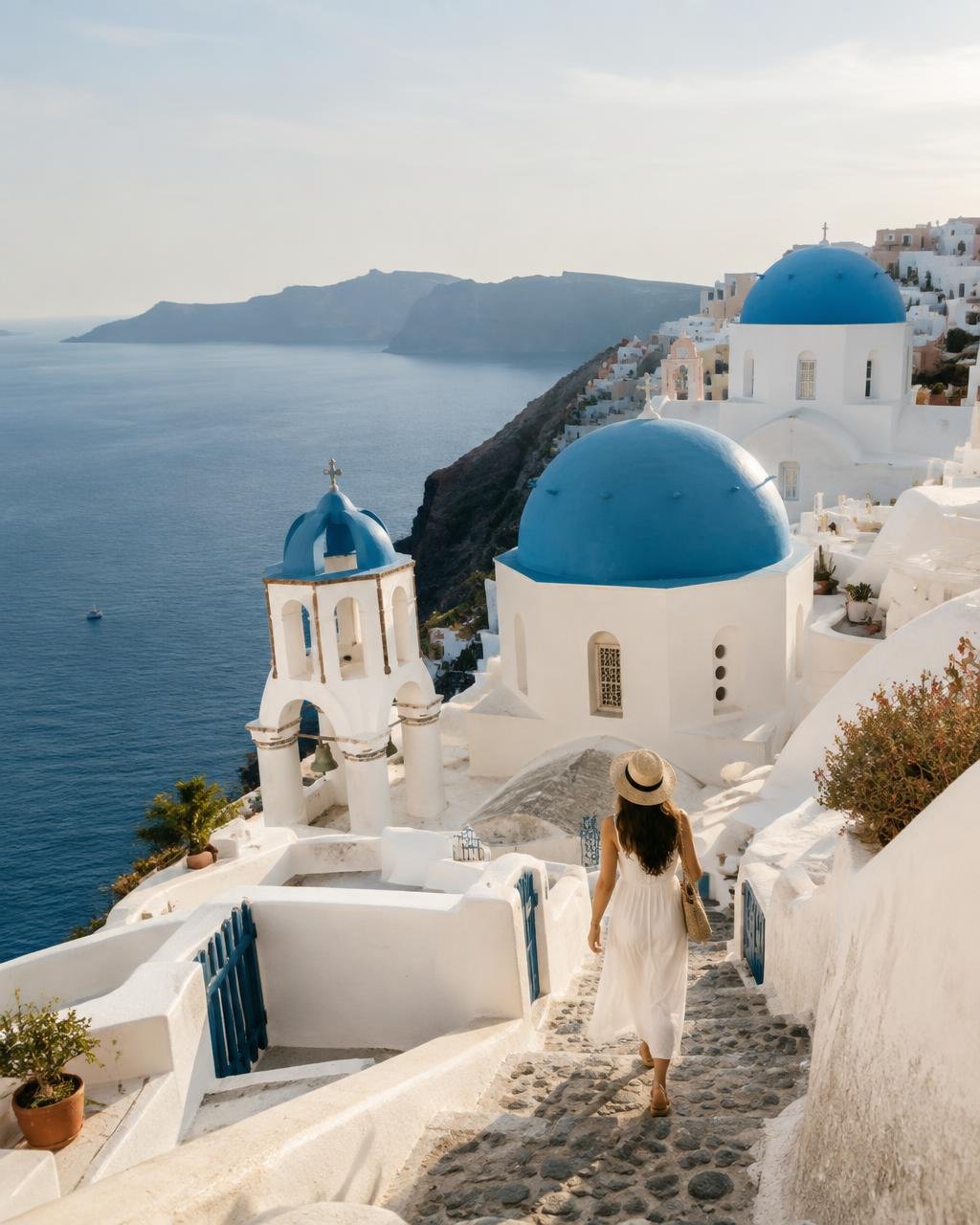 Viajera caminando entre las cúpulas azules de Santorini