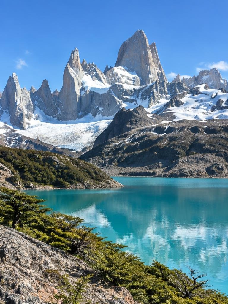 Cerro Fitz Roy y laguna en la Patagonia argentina